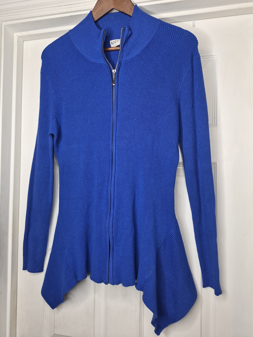 Sioni Studio Women's Royal Blue Zip-Front Ribbed Sweater